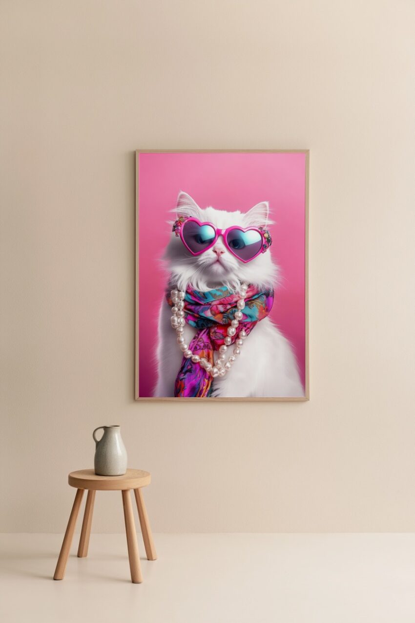 Fotografie Poster Katze Herzbrille weiß pink