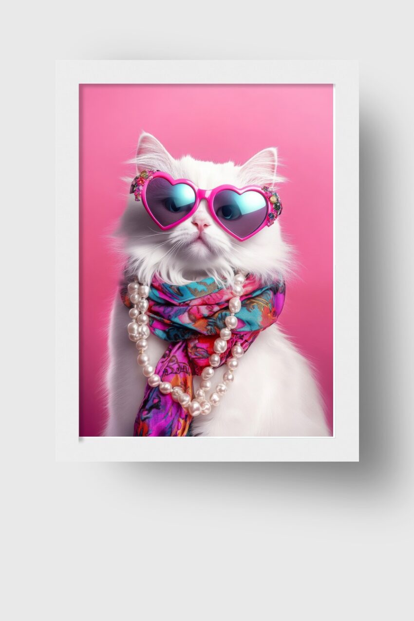 Fotografie Poster Katze Herzbrille weiß pink