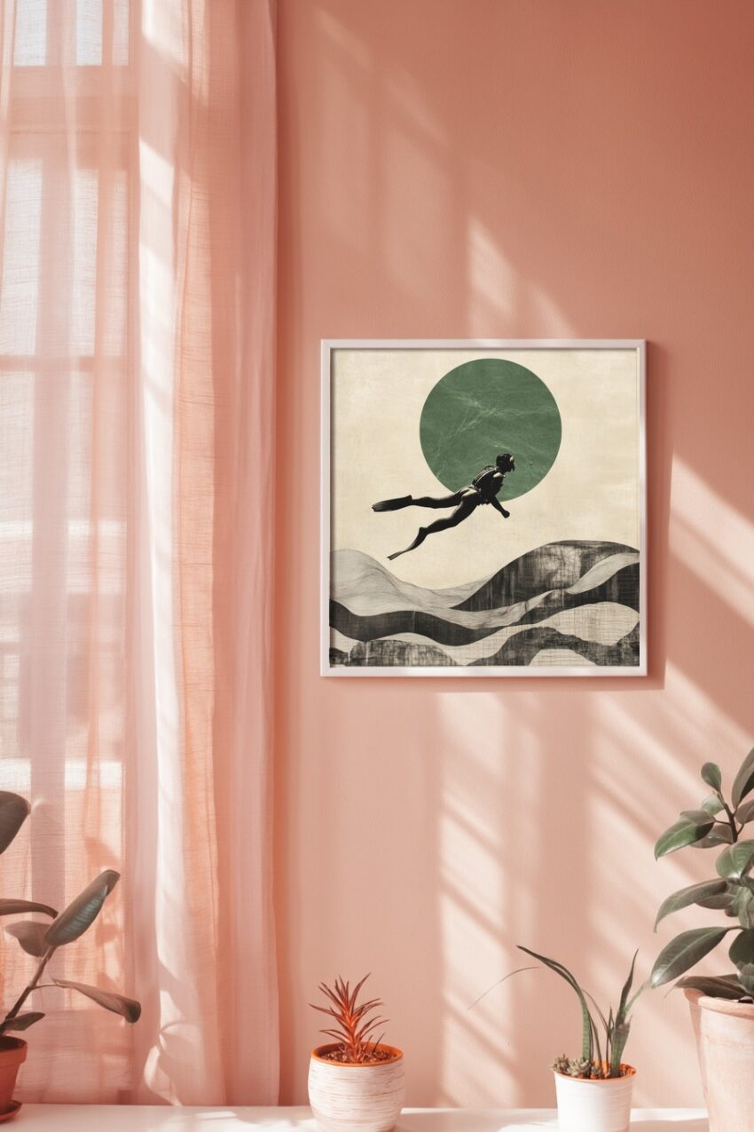 Grafik Poster Taucher minimalistisch grün beige