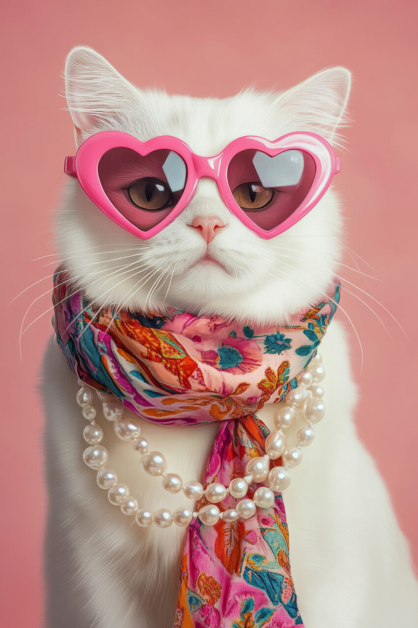 Fotografie Poster Katze weiß Herzbrille pink bunt