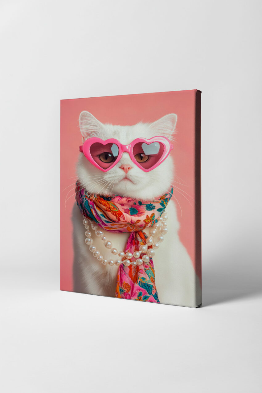 Fotografie Poster Katze weiß Herzbrille pink bunt