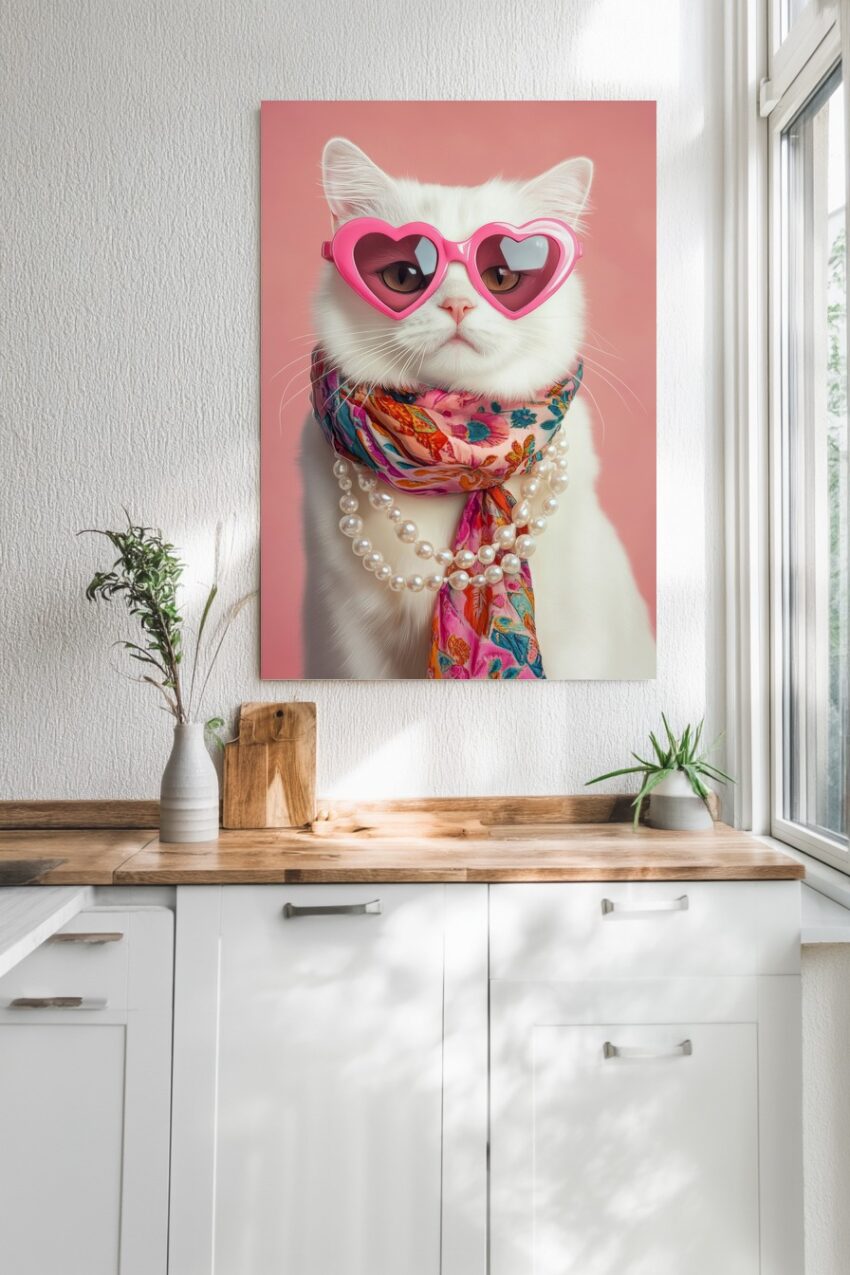 Fotografie Poster Katze weiß Herzbrille pink bunt