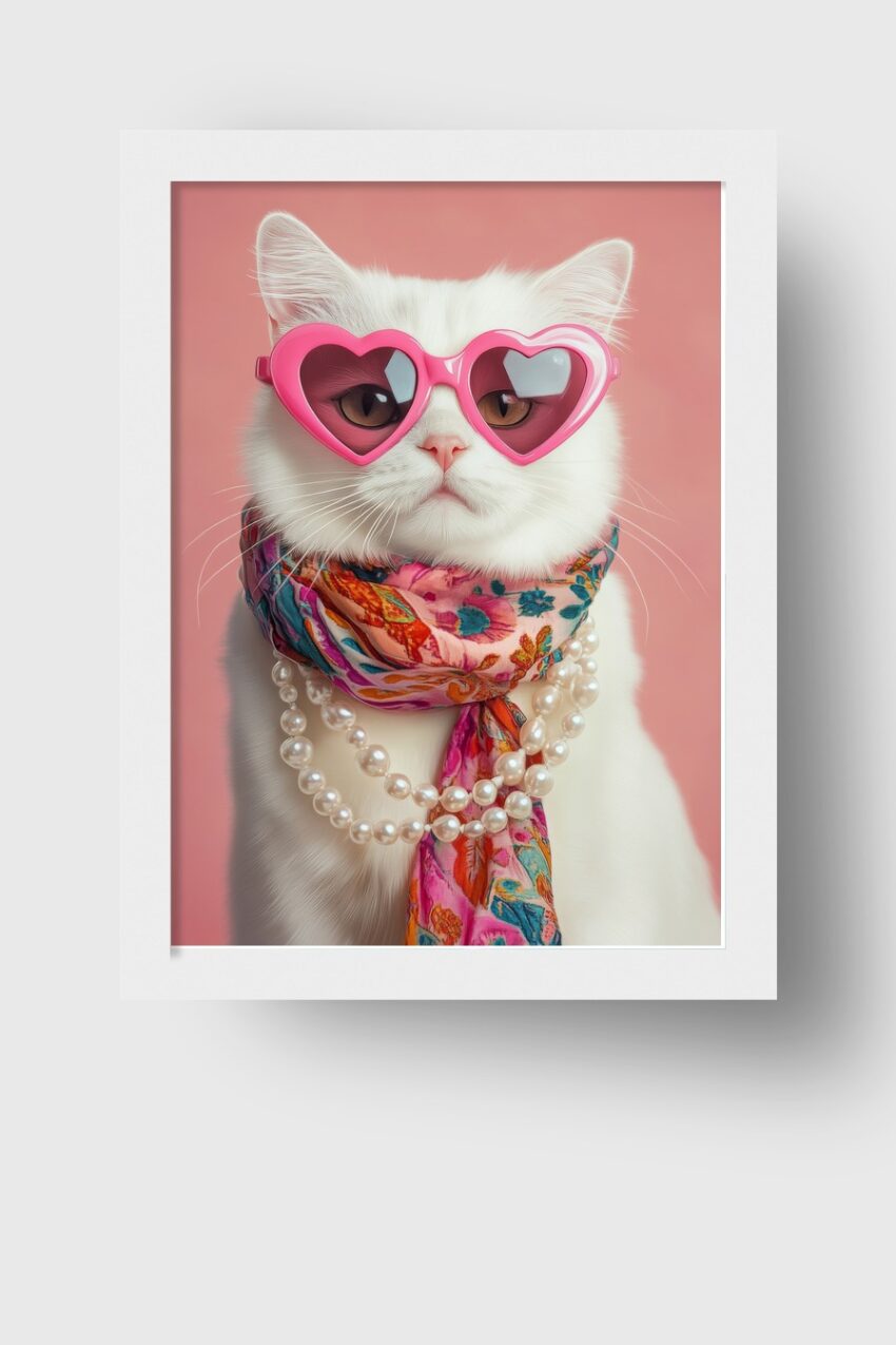 Fotografie Poster Katze weiß Herzbrille pink bunt