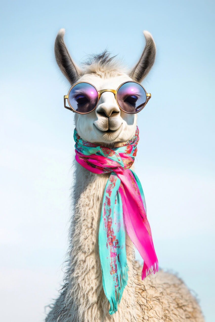 Fotografie Poster Lama heller Schal bunte Brille rund