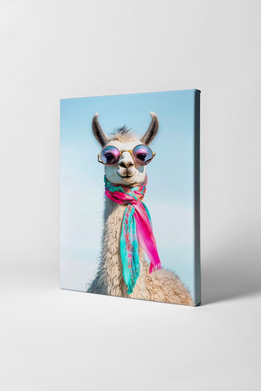 Fotografie Poster Lama heller Schal bunte Brille rund