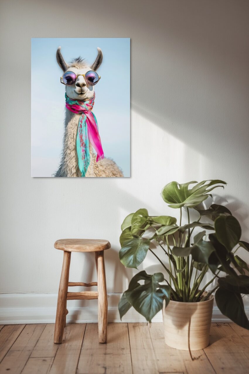 Fotografie Poster Lama heller Schal bunte Brille rund