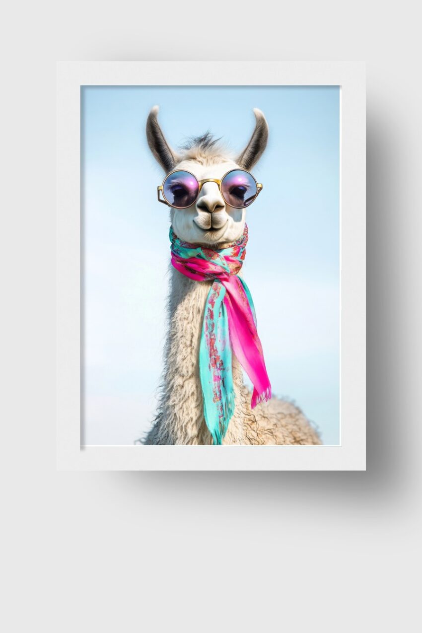 Fotografie Poster Lama heller Schal bunte Brille rund