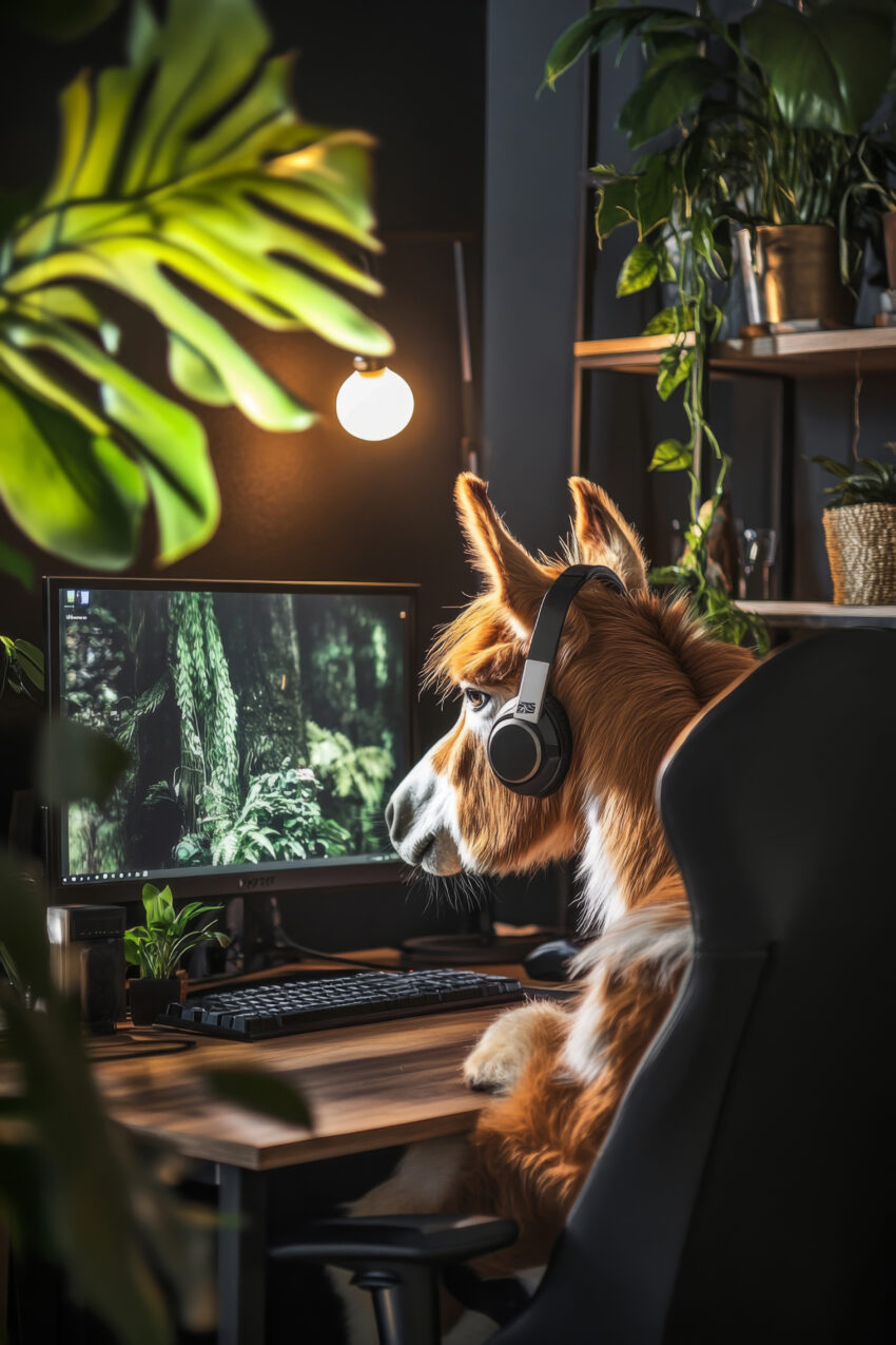 Fotografie Poster Lama Kopf Headset Braun Grün
