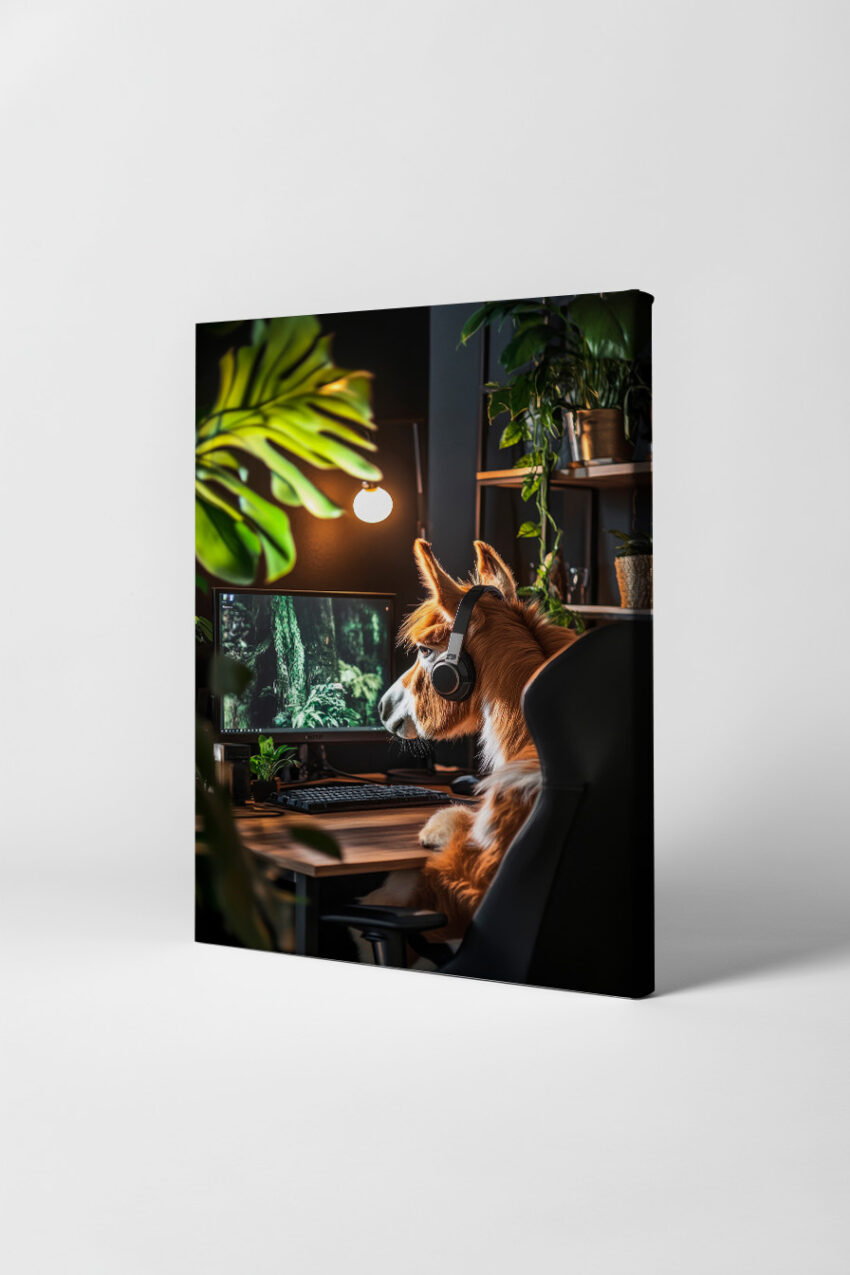 Fotografie Poster Lama Kopf Headset Braun Grün
