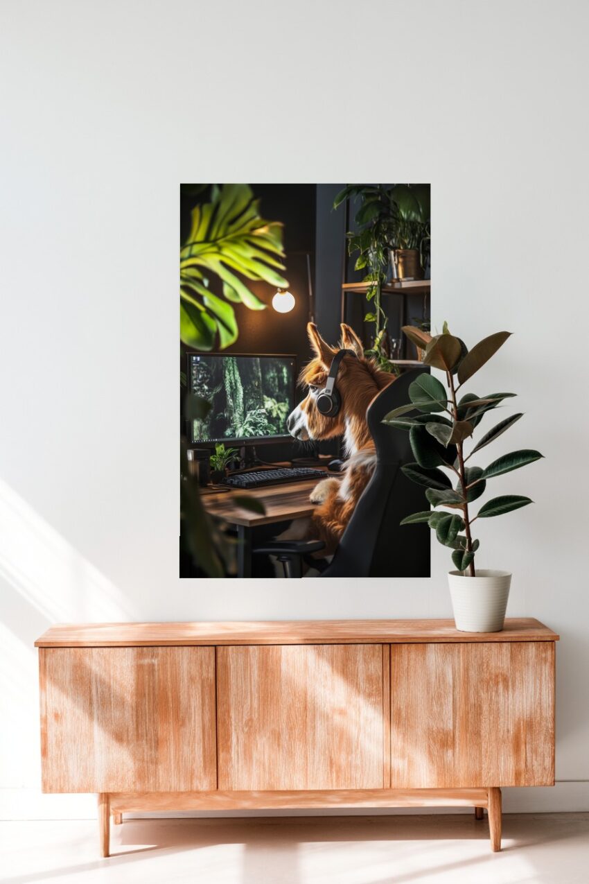Fotografie Poster Lama Kopf Headset Braun Grün