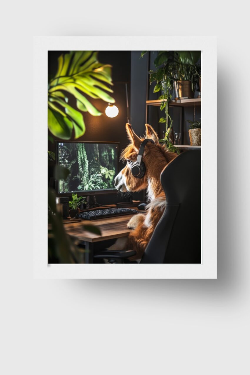 Fotografie Poster Lama Kopf Headset Braun Grün
