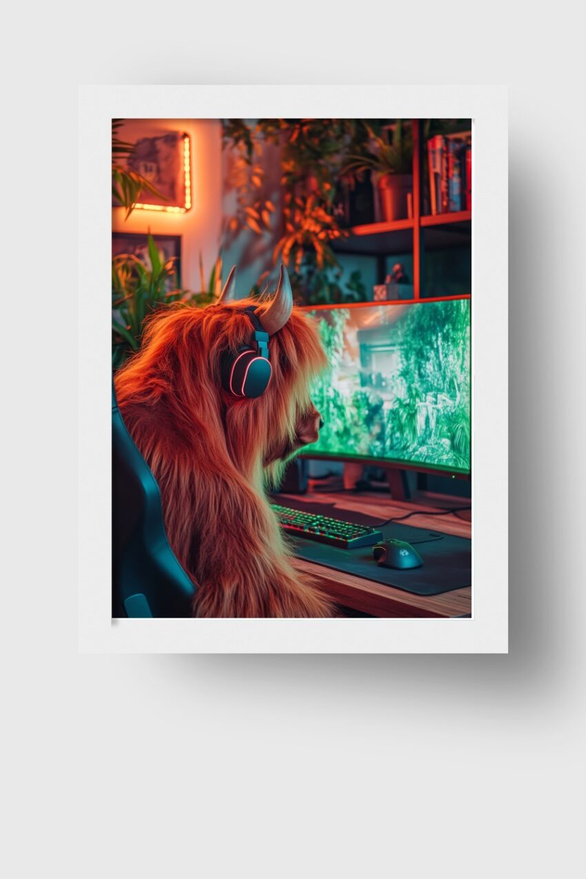 Digitale Kunst Poster Hochlandrind Headset rotbraun grün