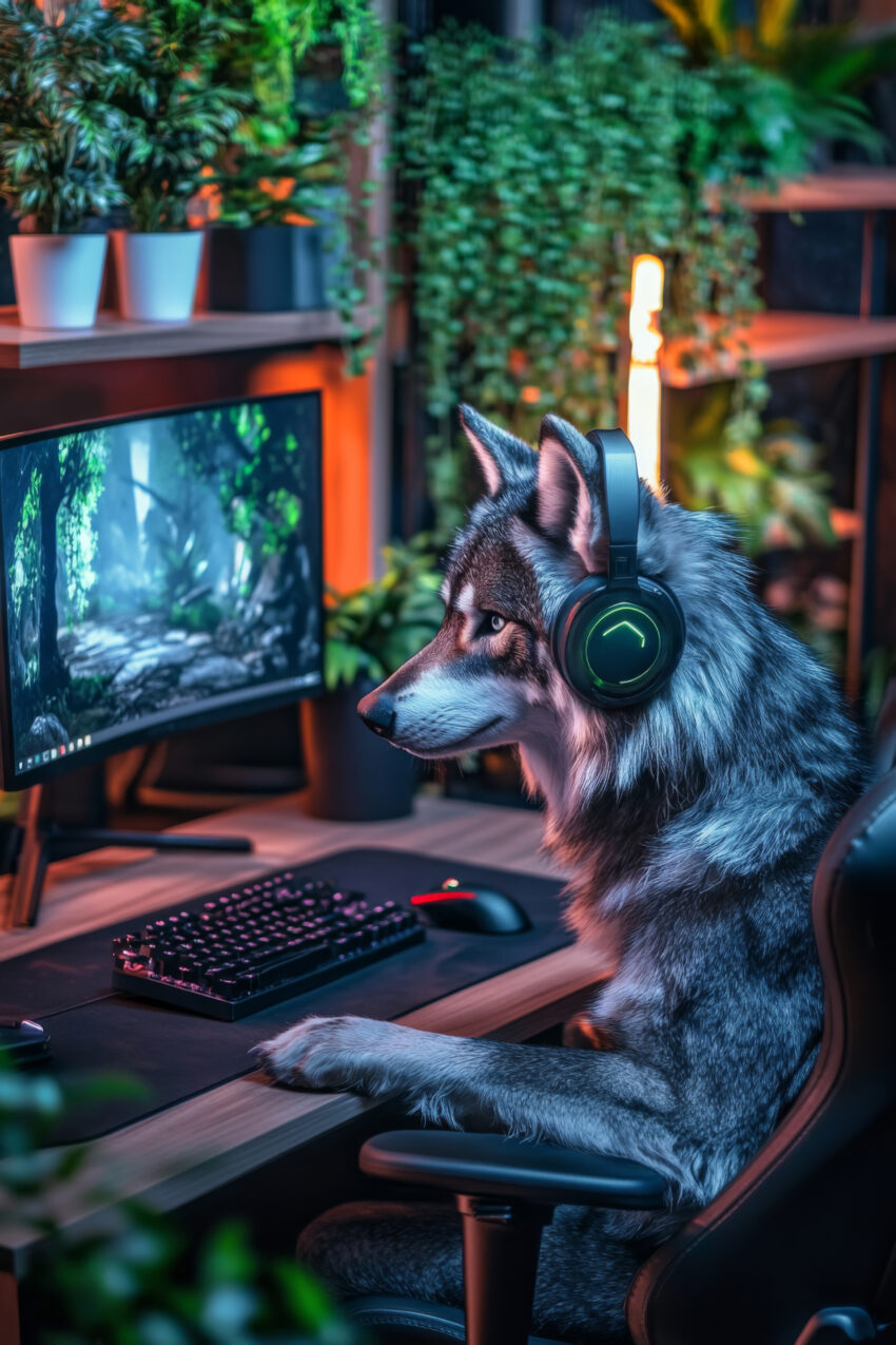 Digitale Kunst Poster Wolf am PC konzentriert Gaming