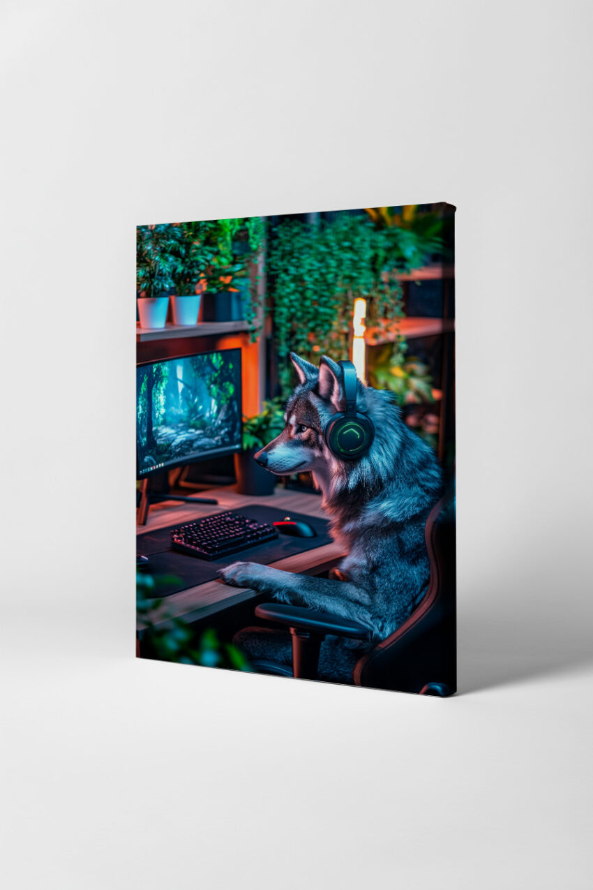 Digitale Kunst Poster Wolf am PC konzentriert Gaming