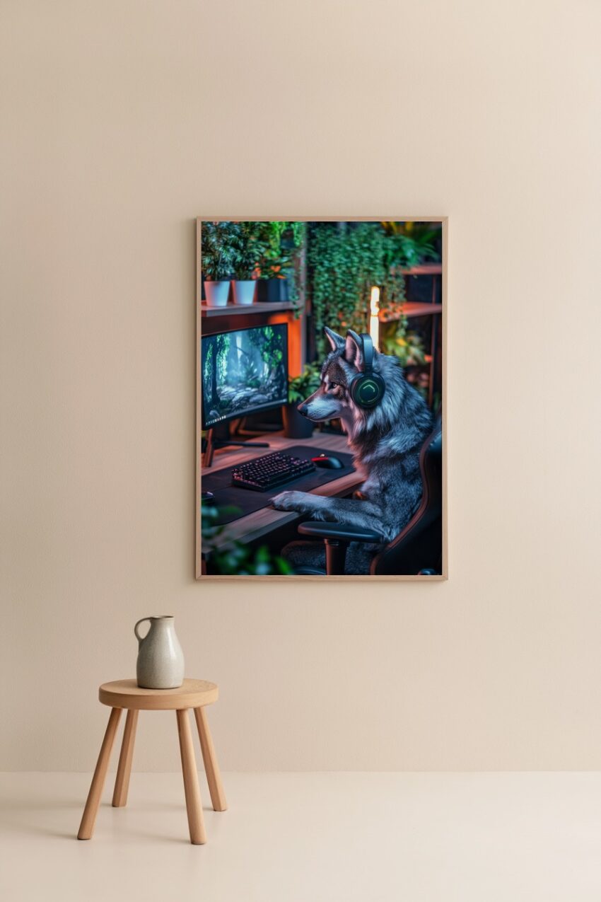 Digitale Kunst Poster Wolf am PC konzentriert Gaming