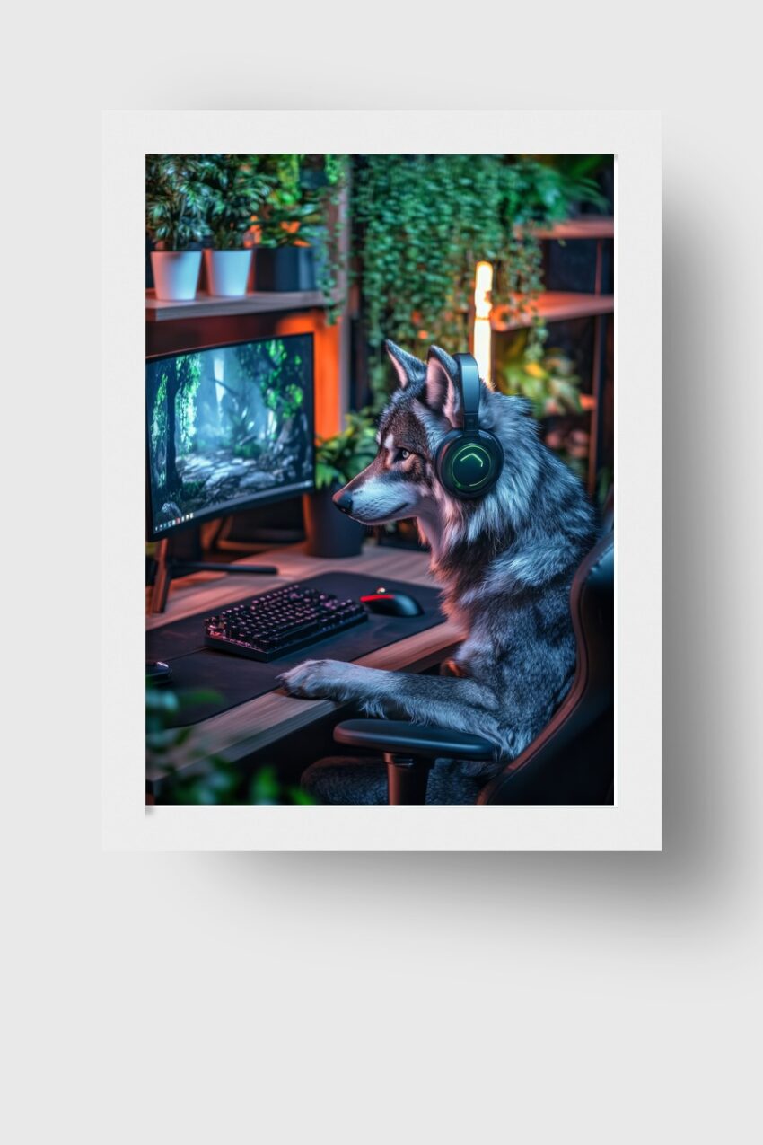 Digitale Kunst Poster Wolf am PC konzentriert Gaming