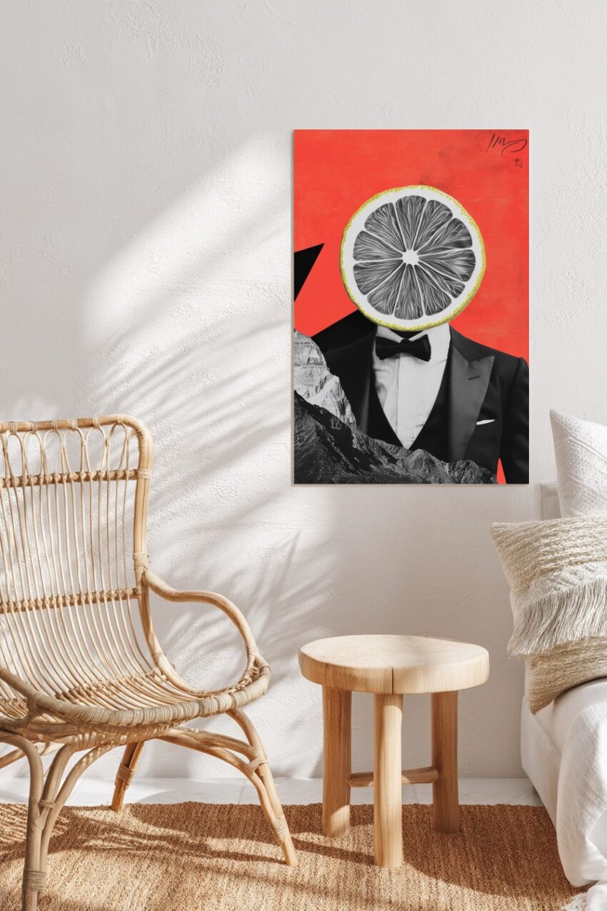 Digitale Kunst Poster Zitrusmann Anzug rot schwarz-weiß