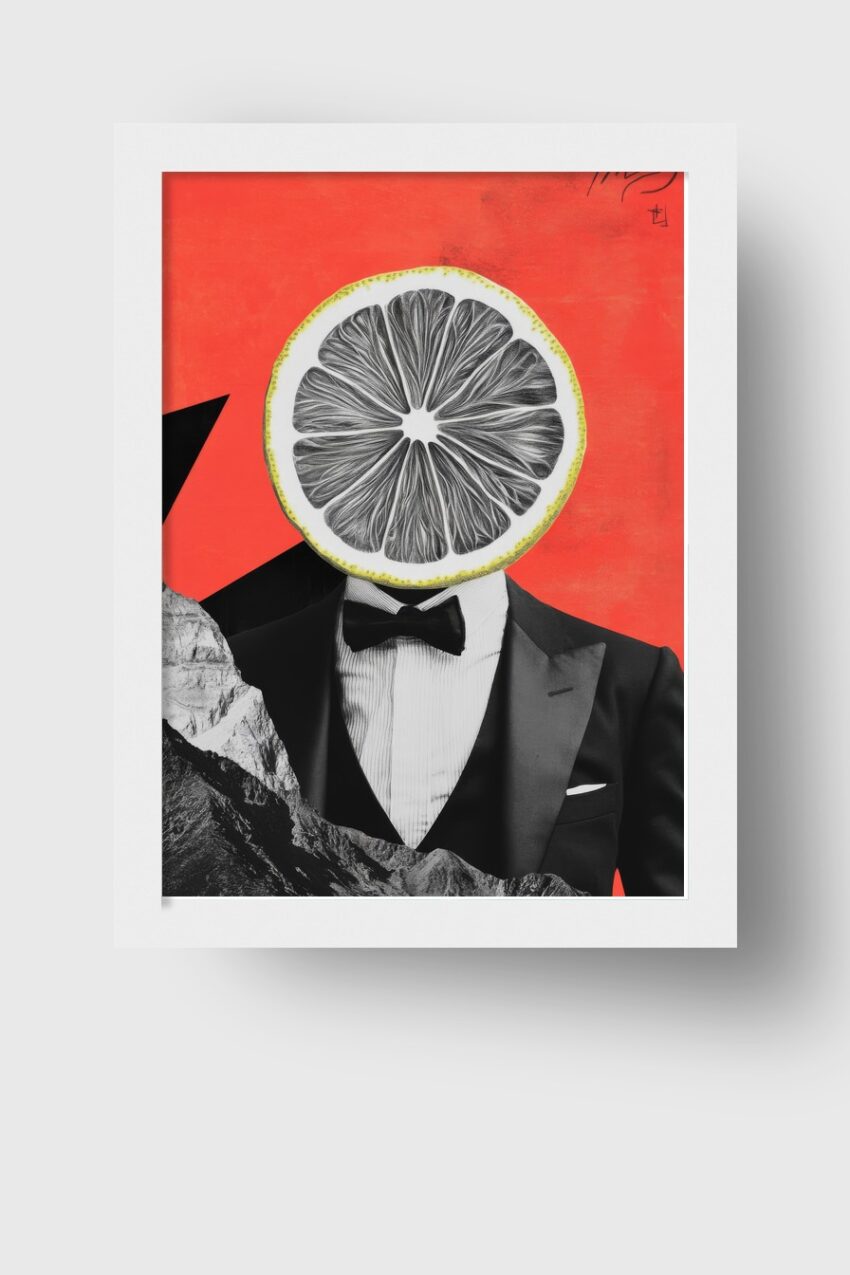 Digitale Kunst Poster Zitrusmann Anzug rot schwarz-weiß