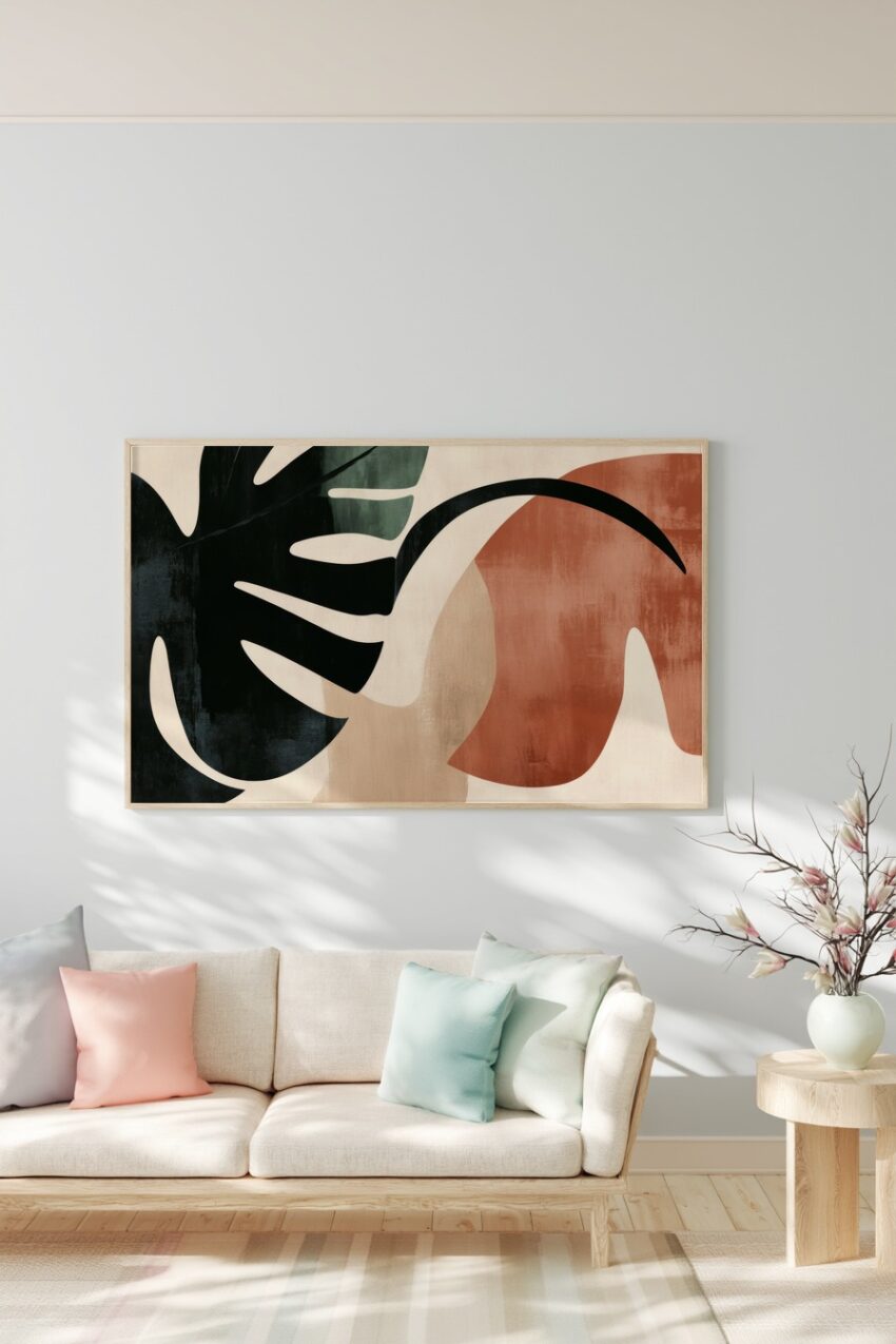 Illustration Poster Monstera Blatt abstrakt schwarz beige terrakotta