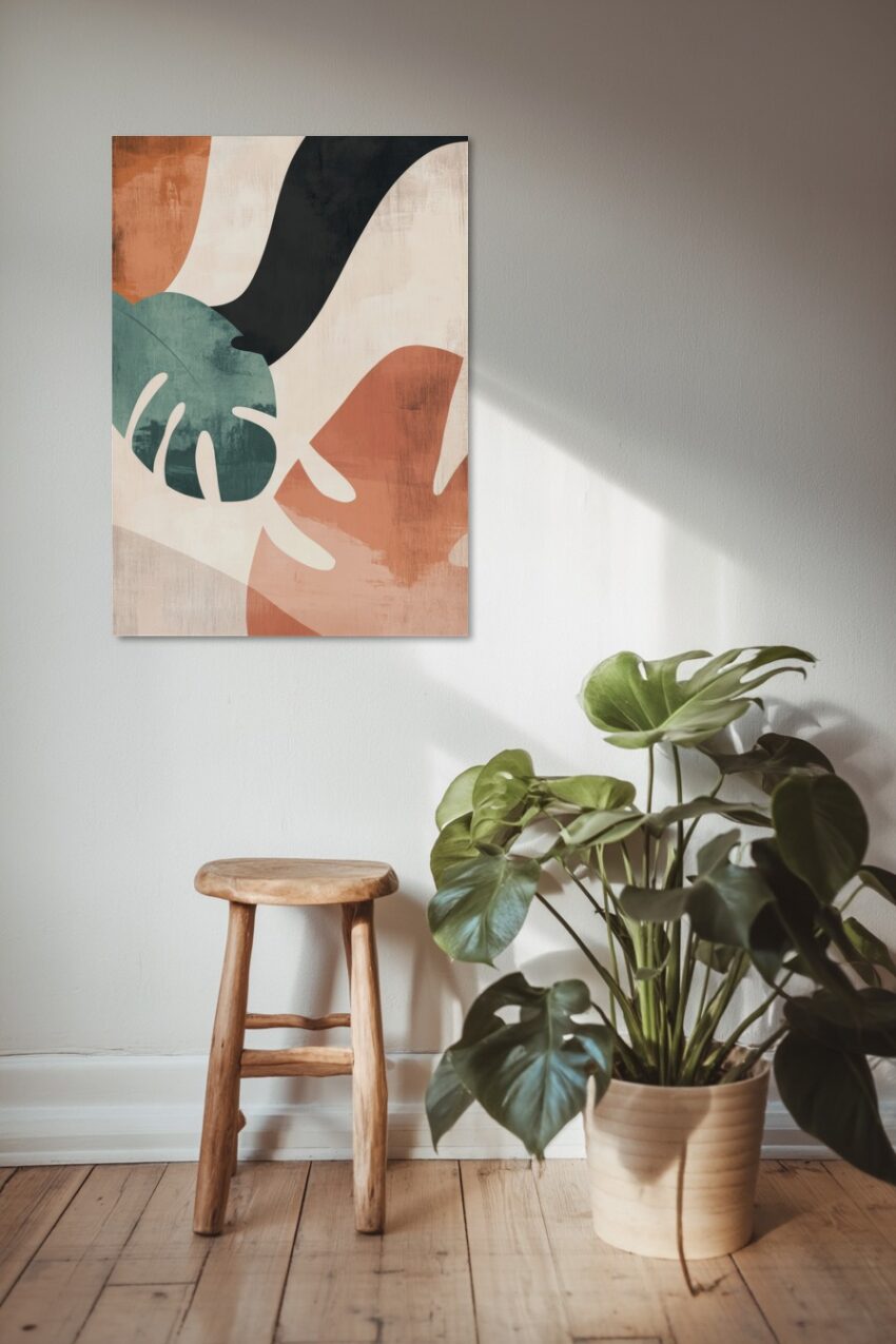 Grafik Poster Monstera Blatt grün terrakotta abstrakt