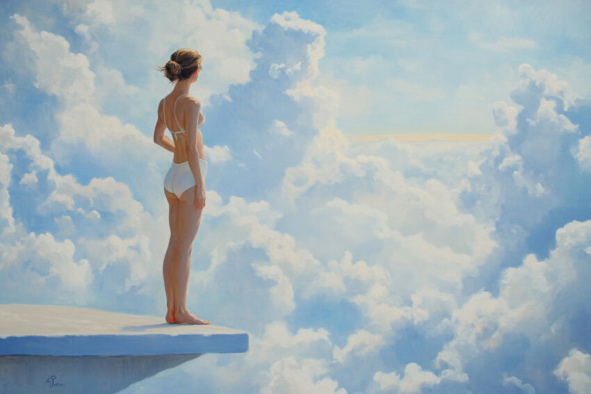 Realistisches Poster Frau am Himmel mit weißen Wolken