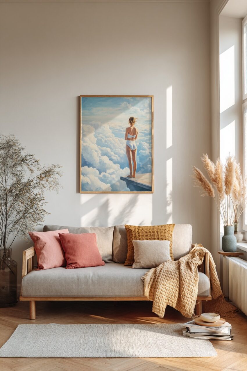 Malerei Poster Frau Rücken Wolken hell minimalistisch