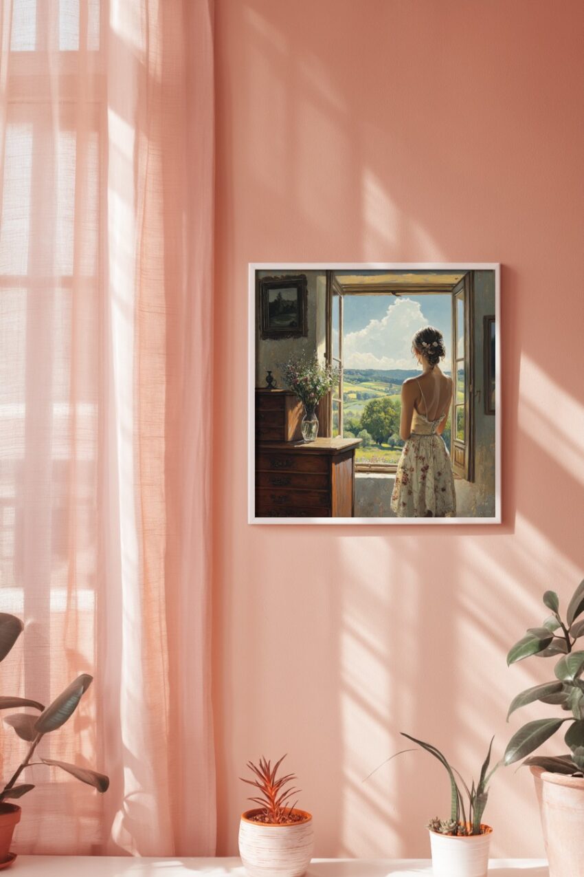 Malerei Poster Frau Rücken Landschaft sonnig