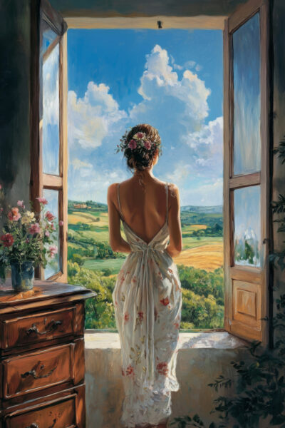 Frau am Fenster Gerahmt