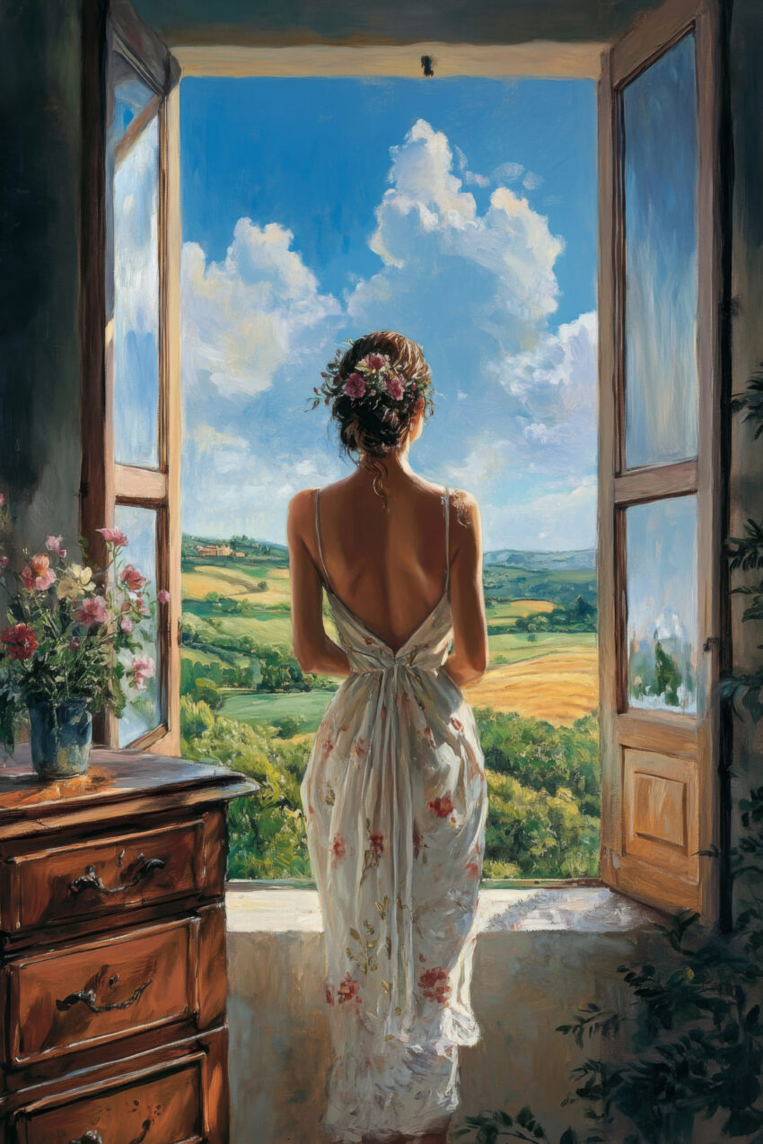 Malerei Poster Frau Blick Landschaft Sommer grün blau