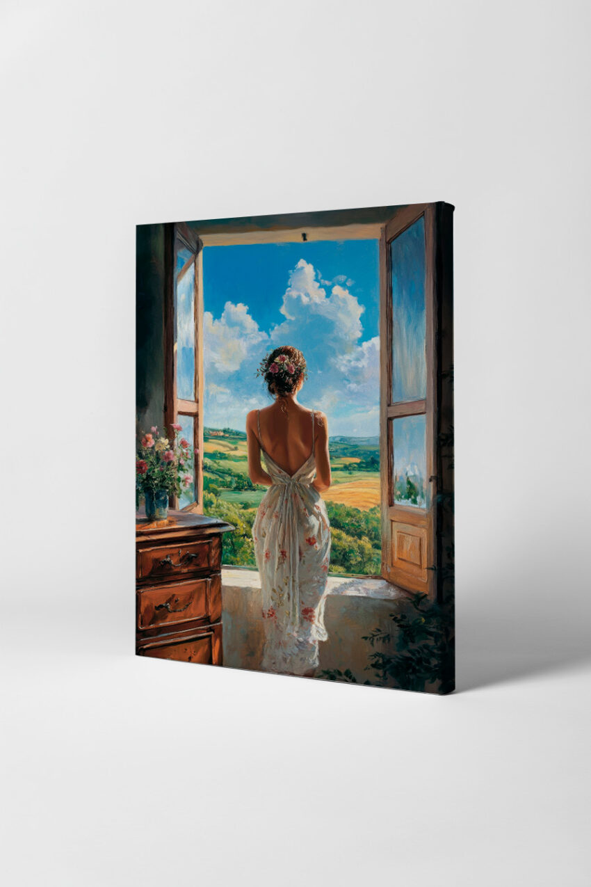 Malerei Poster Frau Blick Landschaft Sommer grün blau