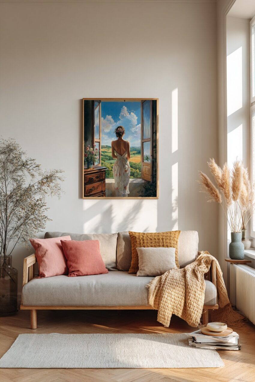 Malerei Poster Frau Blick Landschaft Sommer grün blau