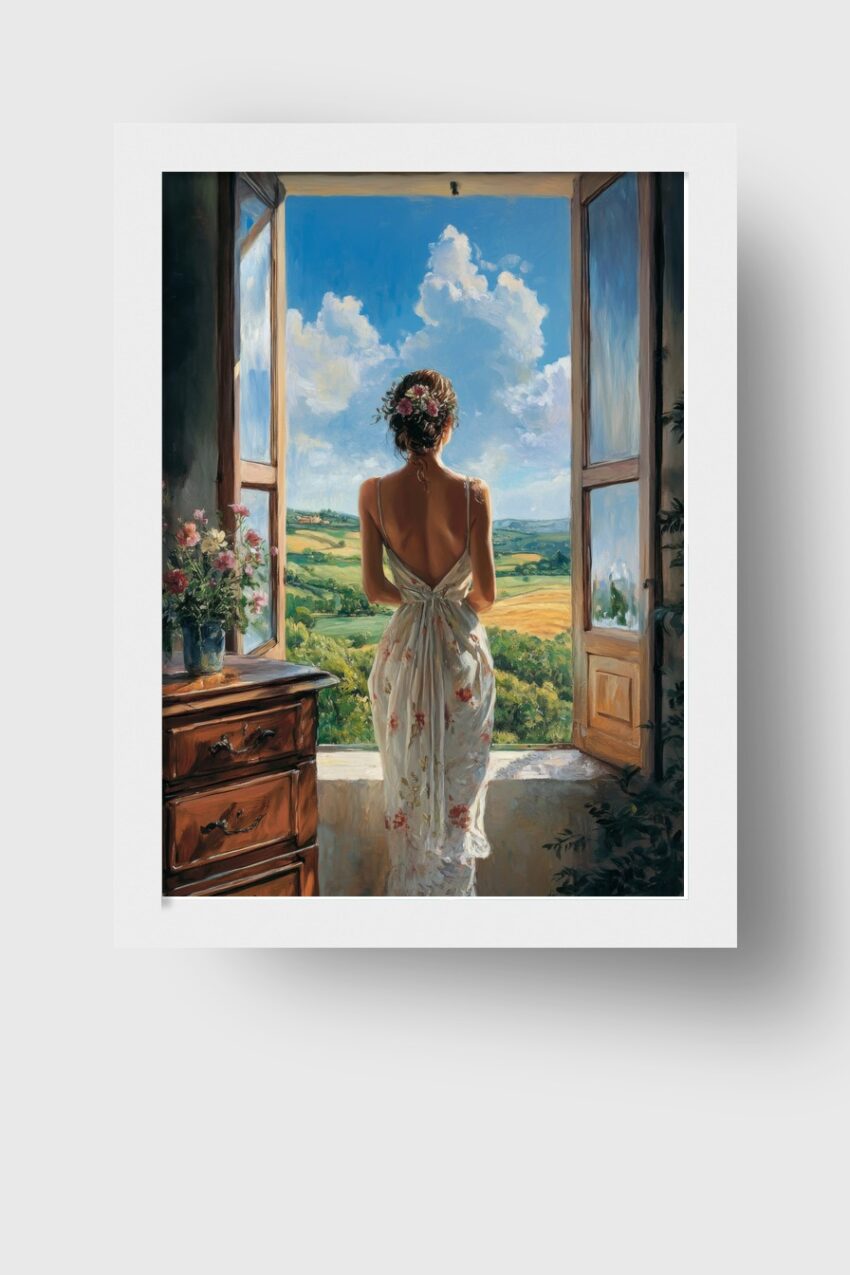 Malerei Poster Frau Blick Landschaft Sommer grün blau