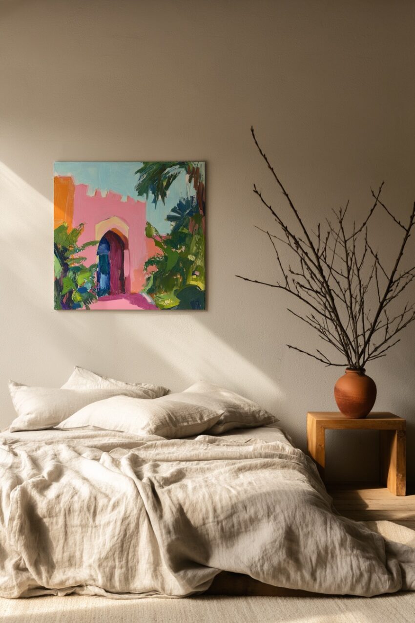 Malerei Poster Torbogen Garten rosa grün lebendig