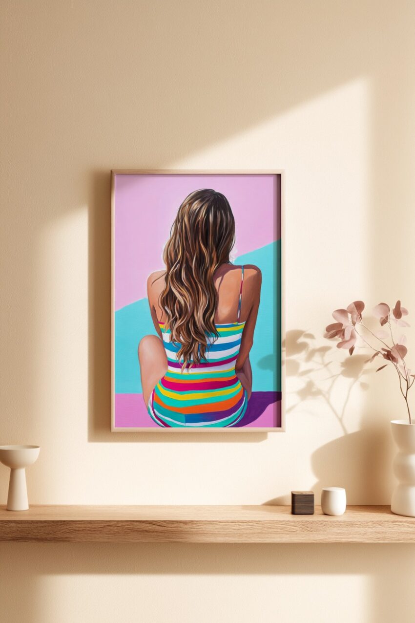 Illustration Poster Frau Rückansicht bunte Streifen lebendig