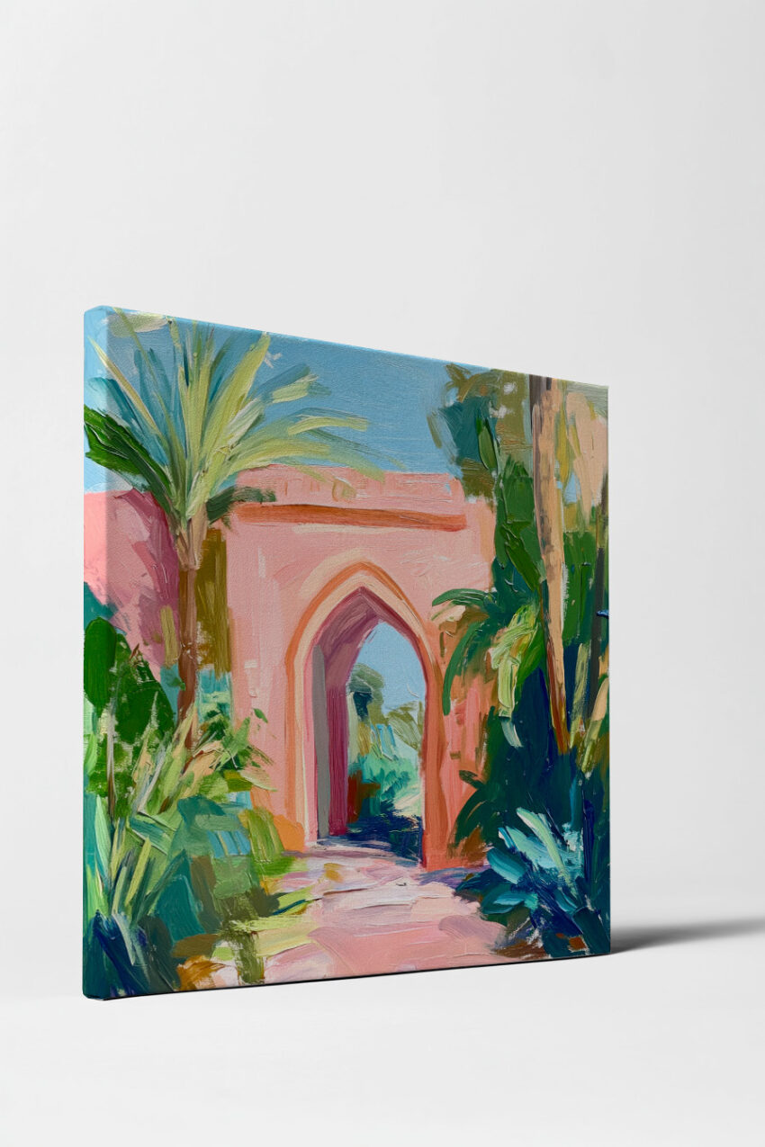 Malerei Poster Torbogen Palmblätter sonnig rosa grün