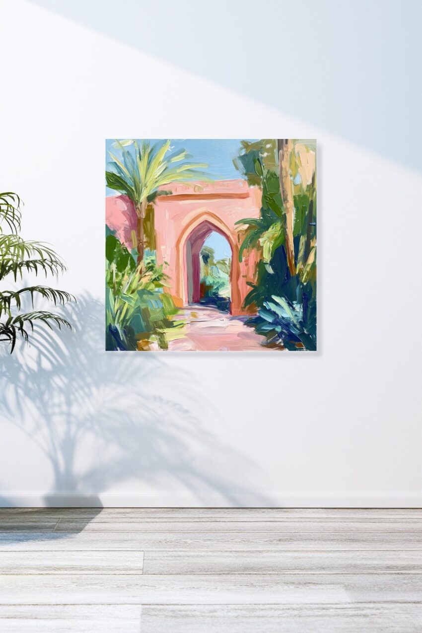 Malerei Poster Torbogen Palmblätter sonnig rosa grün