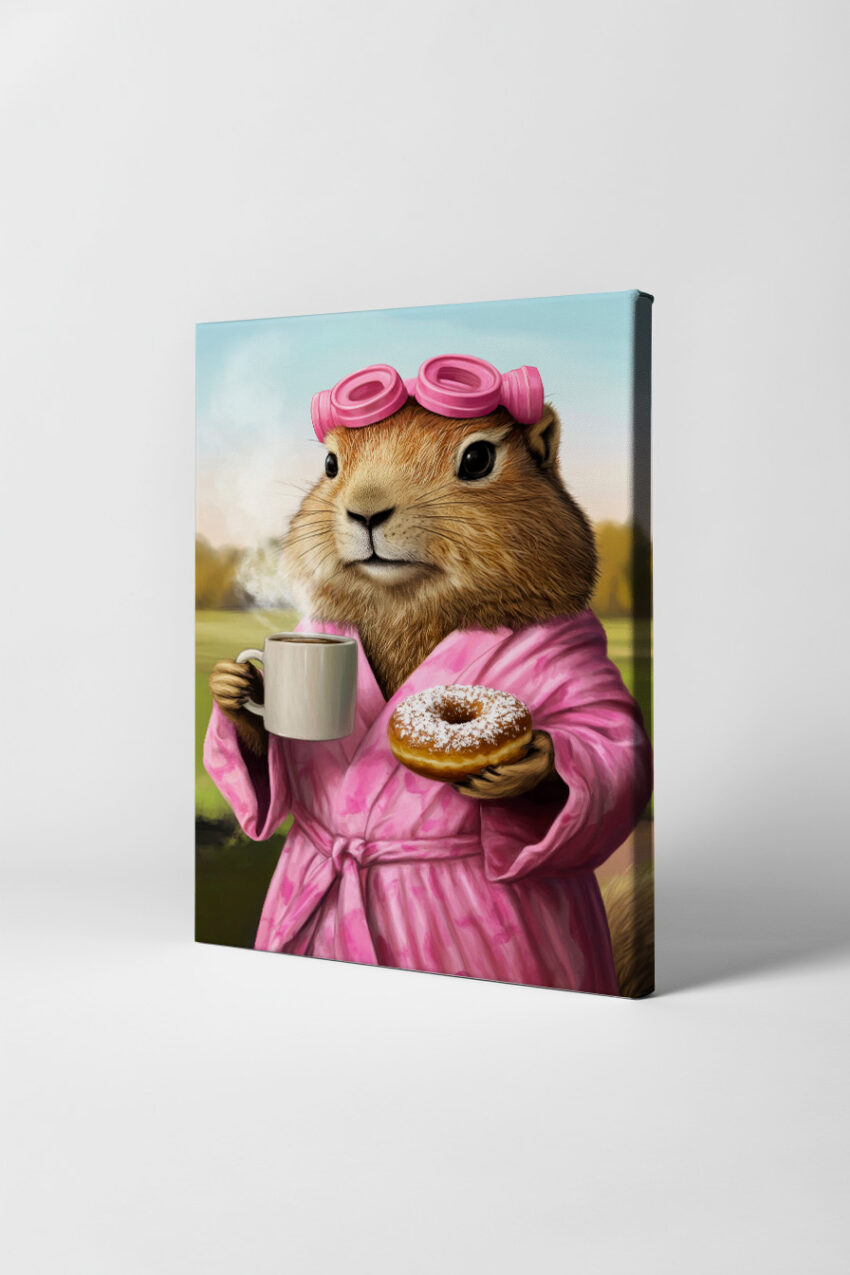 Digitale Kunst Poster Erdhörnchen mit Donut rosa Bademantel