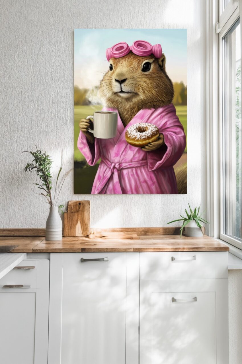Digitale Kunst Poster Erdhörnchen mit Donut rosa Bademantel