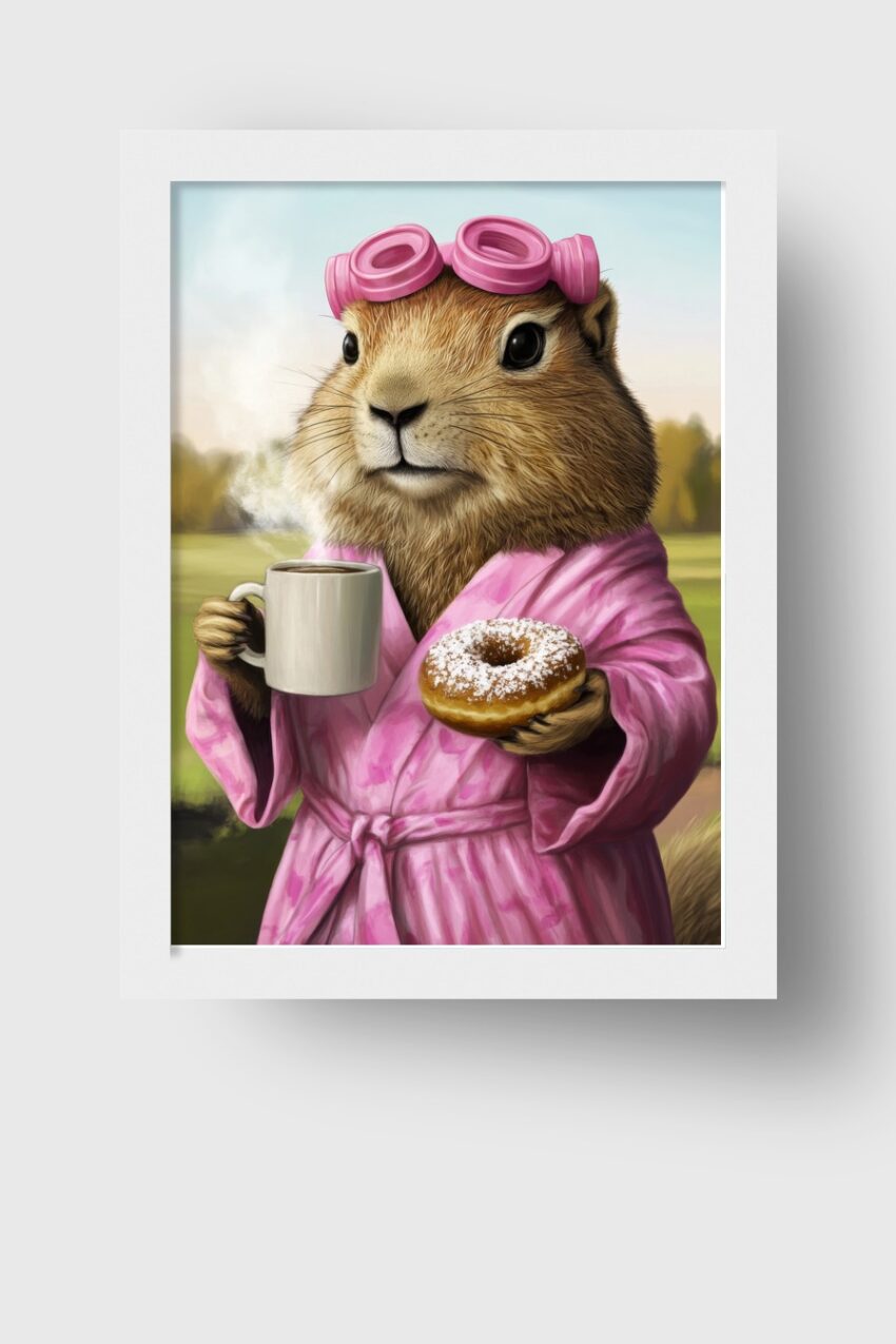 Digitale Kunst Poster Erdhörnchen mit Donut rosa Bademantel