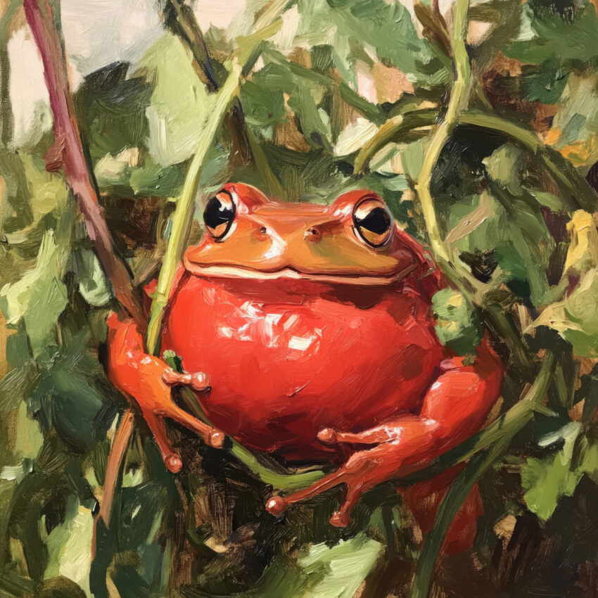Ölgemälde Poster roter Frosch Ast lebendig grün
