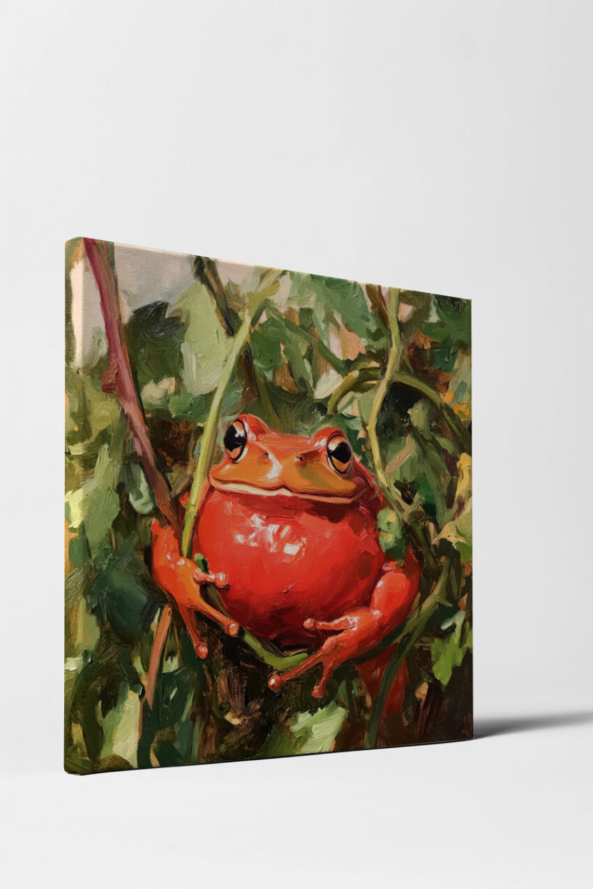 Ölgemälde Poster roter Frosch Ast lebendig grün