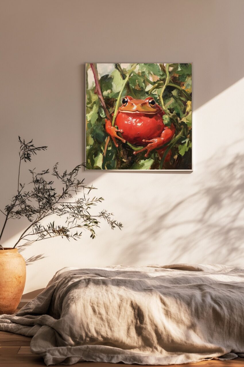 Ölgemälde Poster roter Frosch Ast lebendig grün