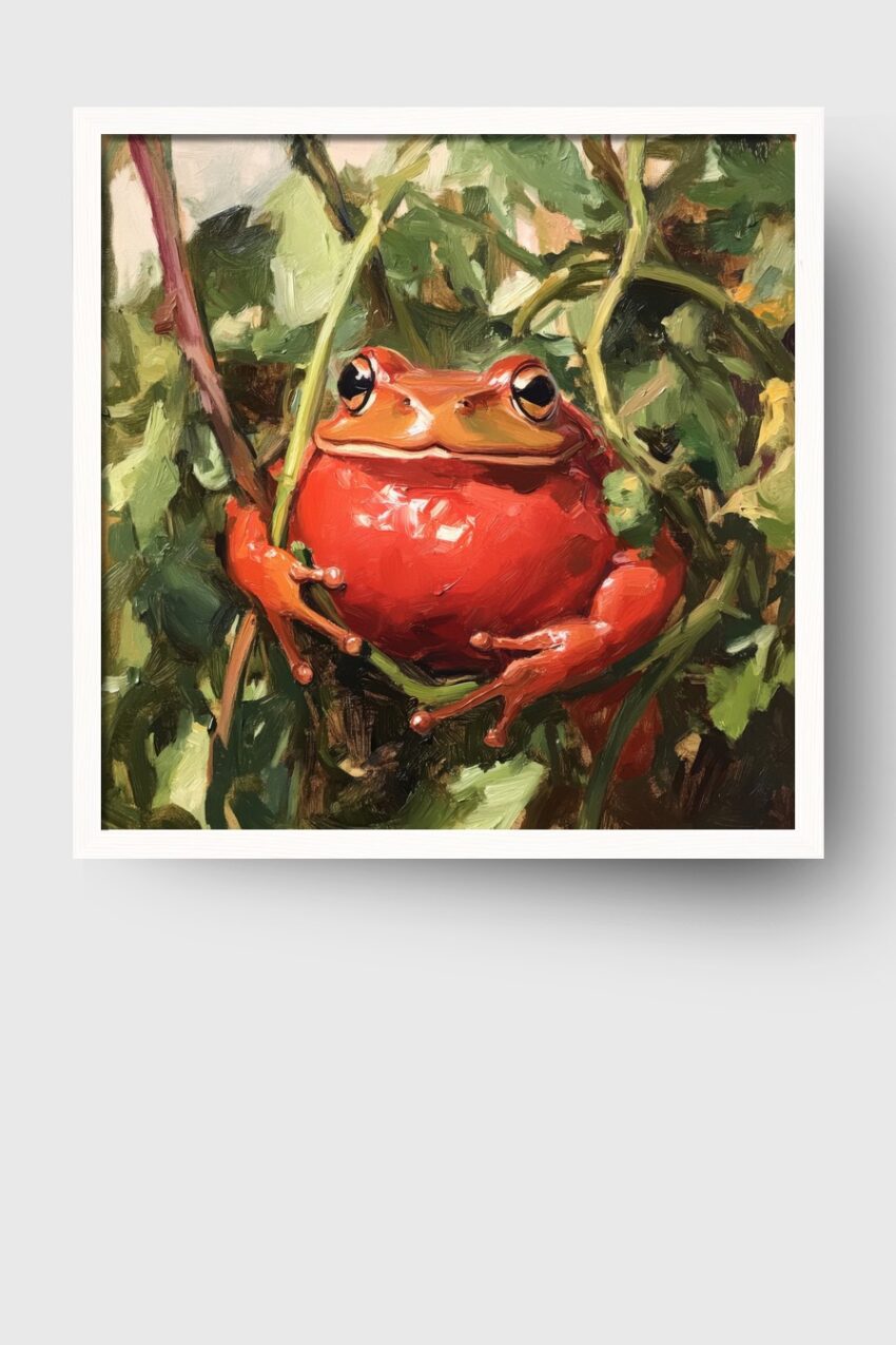 Ölgemälde Poster roter Frosch Ast lebendig grün