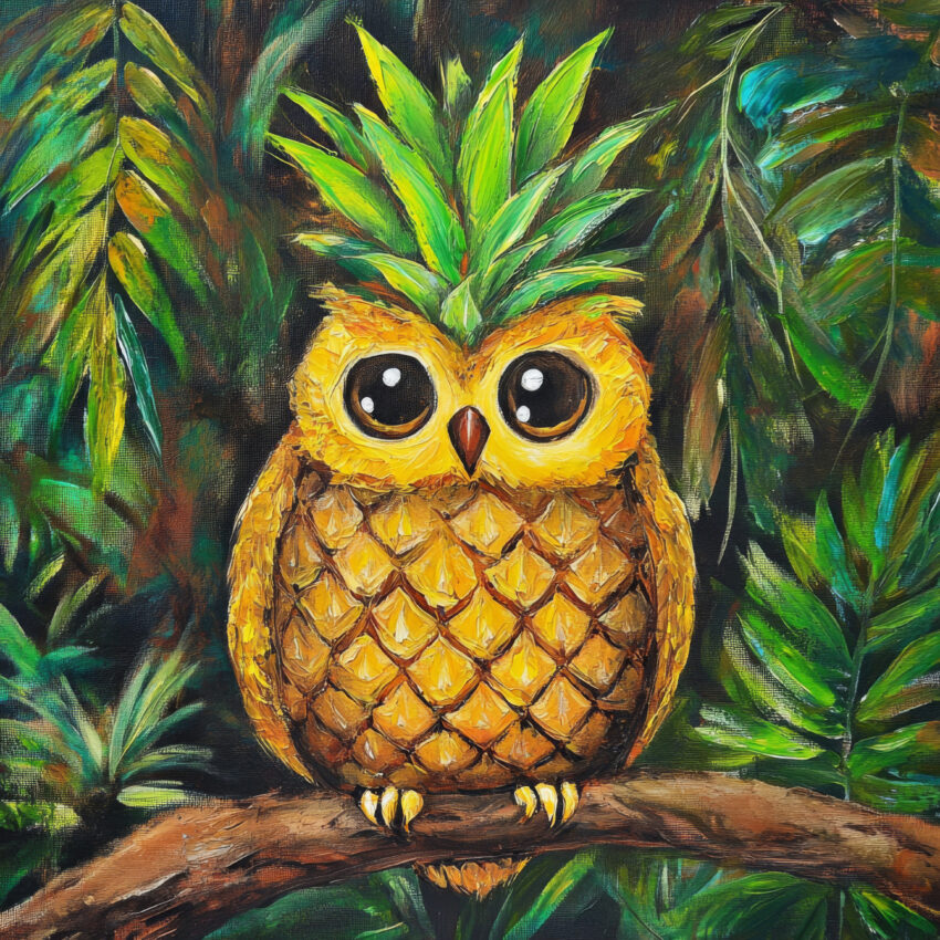 Malerei Poster Eule Ananas gelb grün tropisch