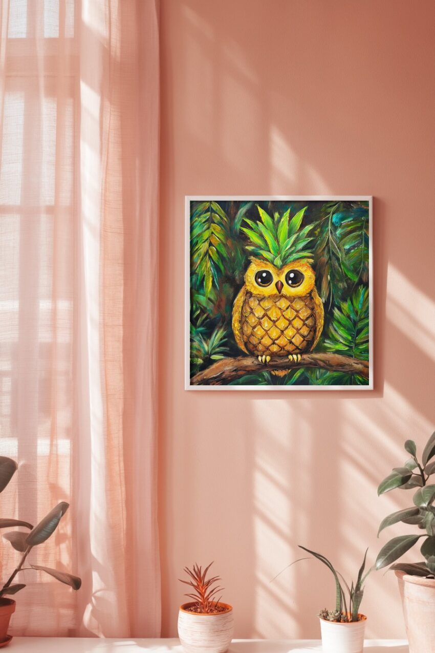 Malerei Poster Eule Ananas gelb grün tropisch