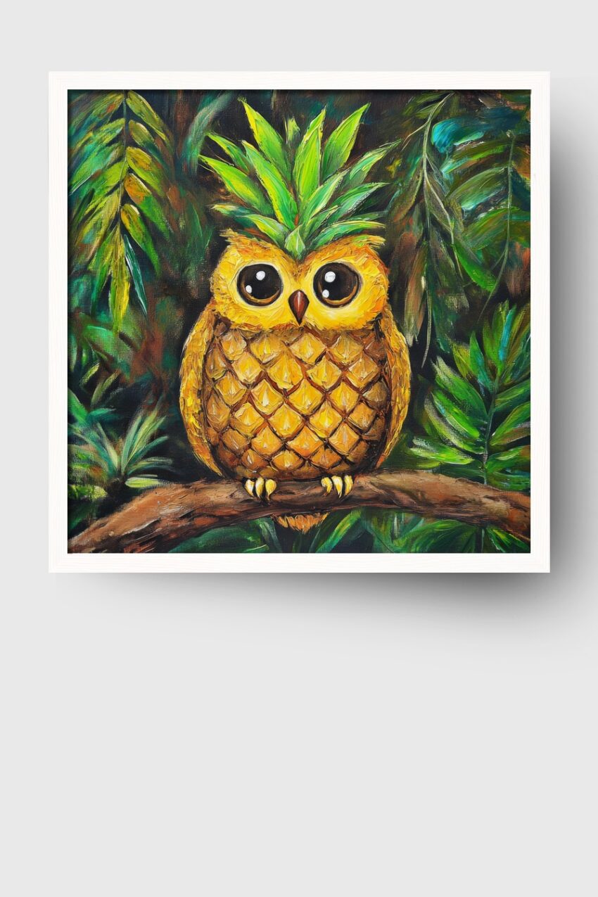 Malerei Poster Eule Ananas gelb grün tropisch
