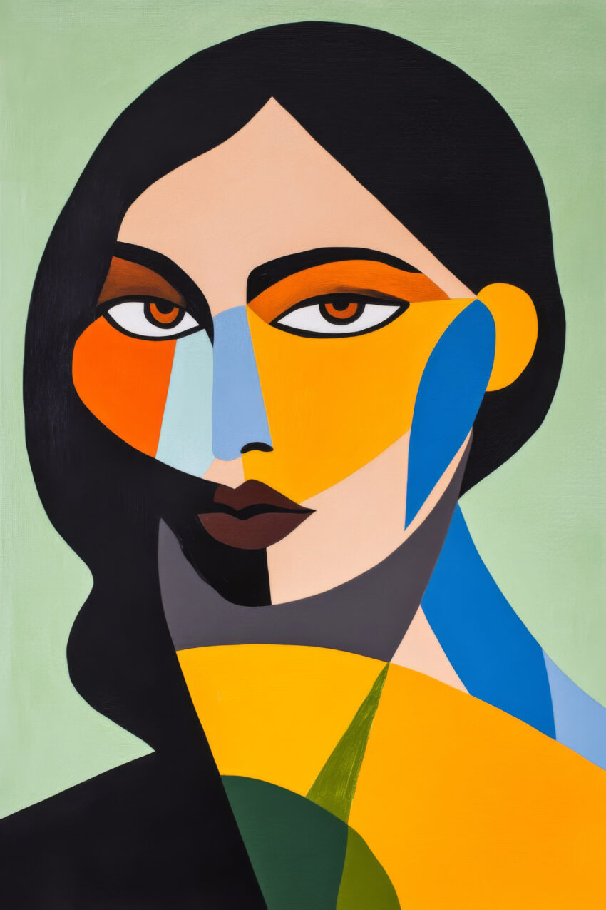 Grafik Poster Frau farbflächen geometrisch orange blau