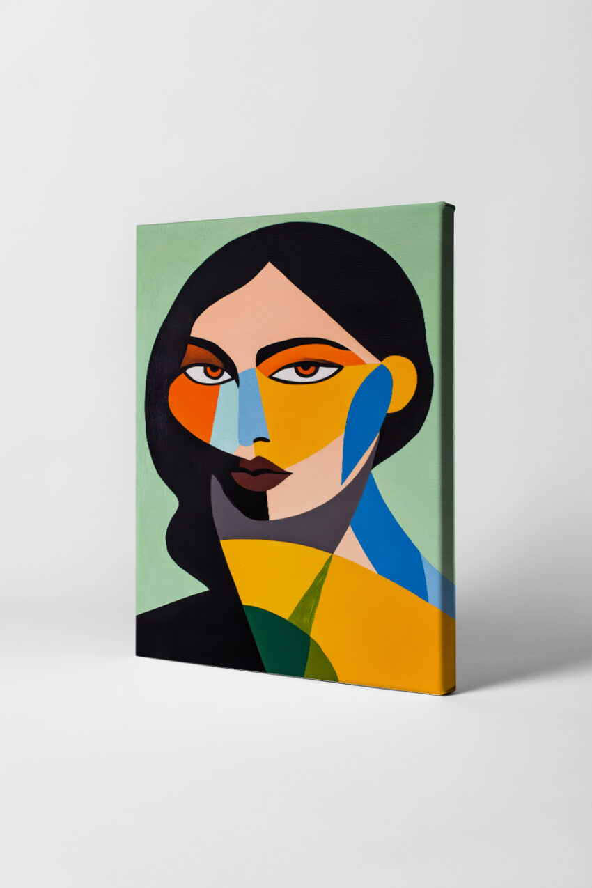 Grafik Poster Frau farbflächen geometrisch orange blau