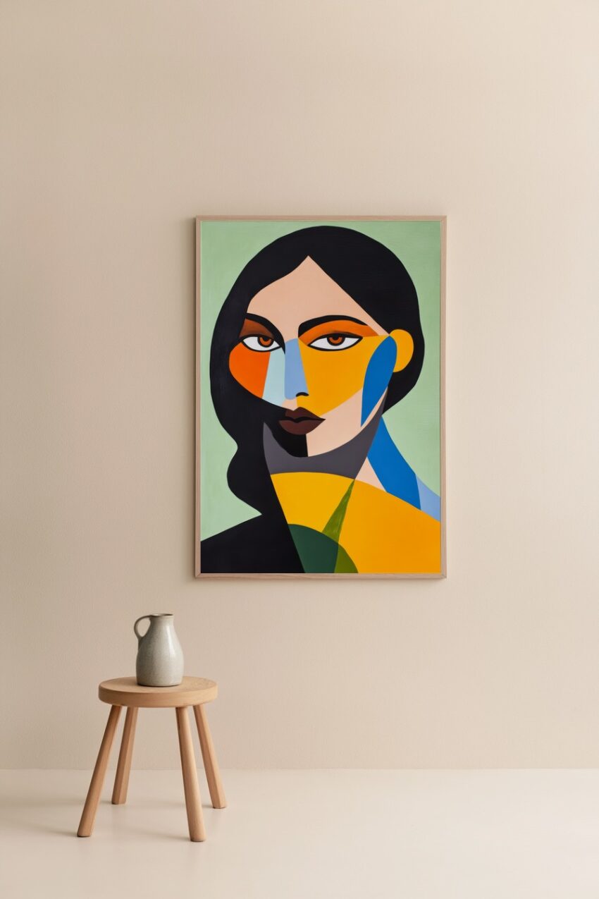 Grafik Poster Frau farbflächen geometrisch orange blau