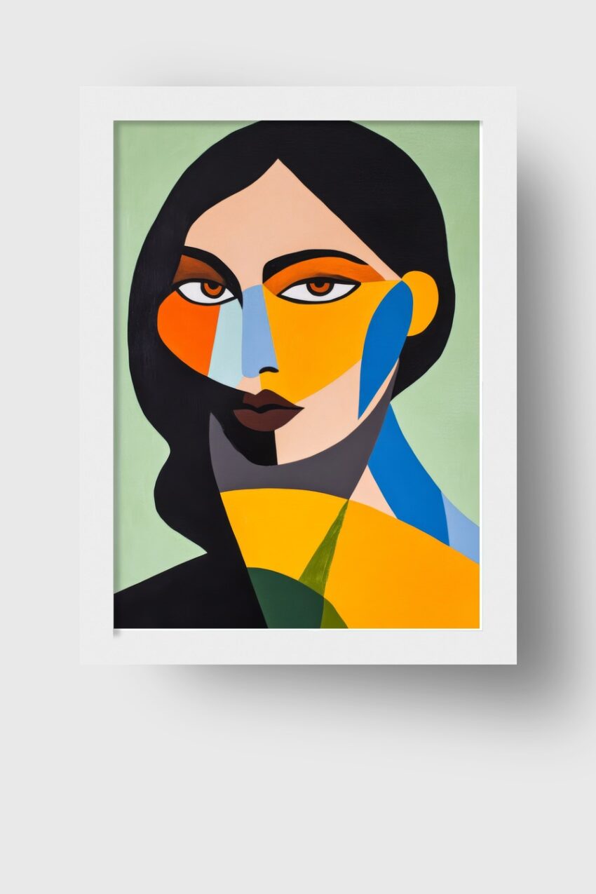 Grafik Poster Frau farbflächen geometrisch orange blau